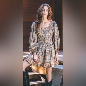 NWT Cleobella Olive Cream and Brown Long Sleeve mini Sundress size medium